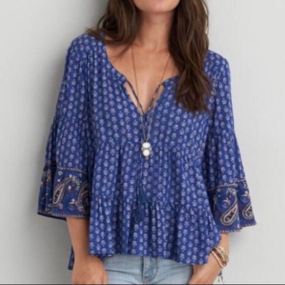 Blue Patterned Peasant Top